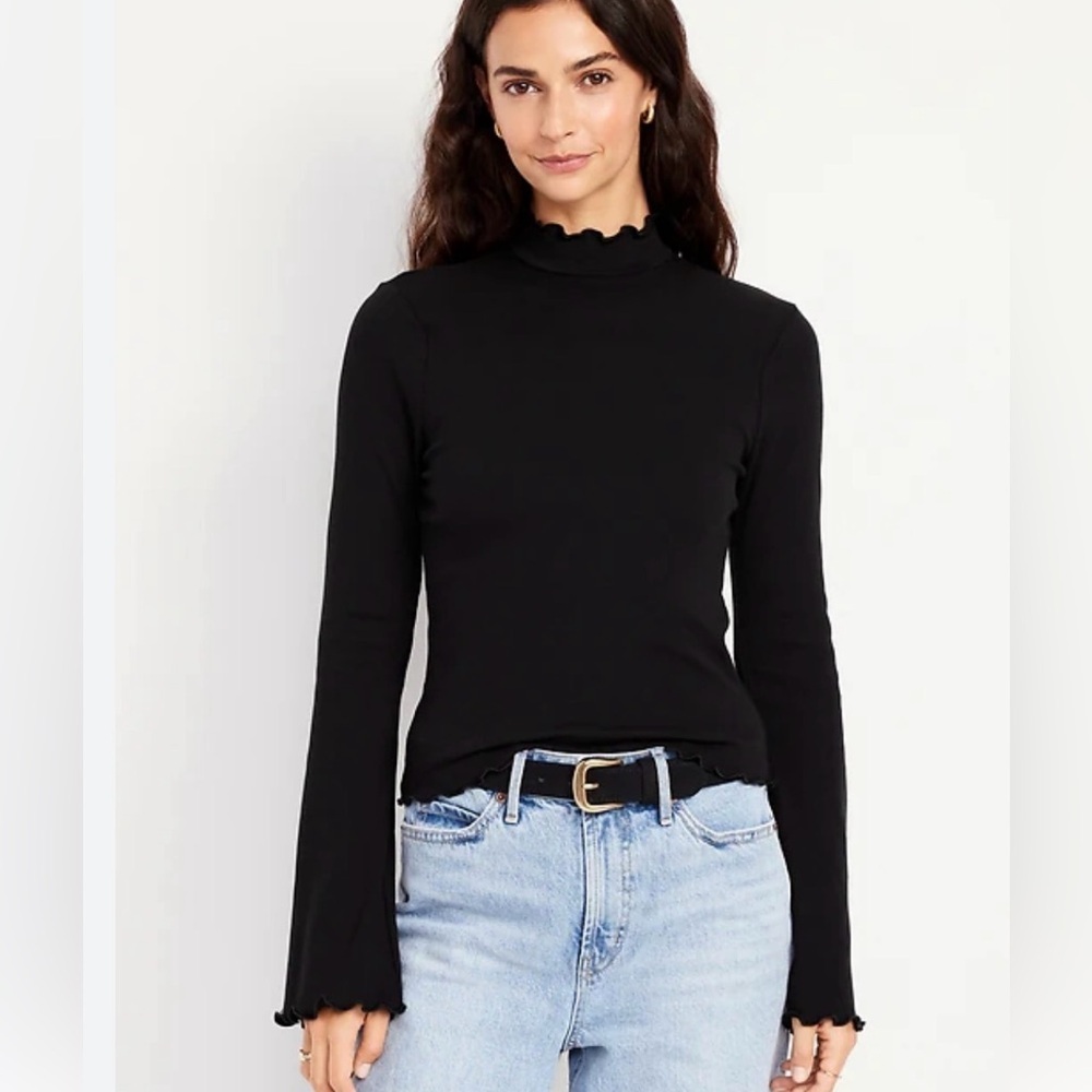 Old Navy Black Ruffle Mock Neck Long-Sleeve Top